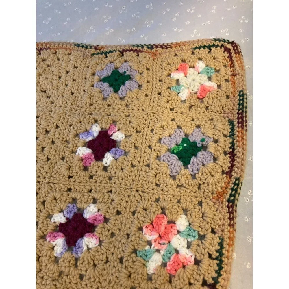 Handmade Granny Square Crocheted Blanket‎ Tan w Multicolored Squares 50 x 60